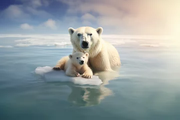 Fotobehang family polar bear mom and cub on ice, mother and child love © RJ.RJ. Wave