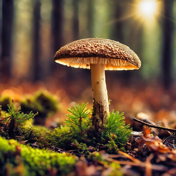 Mushroom in the moss on the forest floor. Mystical magician. Autumn light mood.