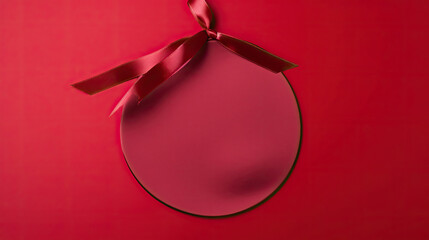 Red Blank hanging round sign with red ribbon on red background conceptual 3D Christmas decorations rendering