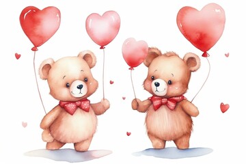 Cute valentine's day watercolor bears with hearts