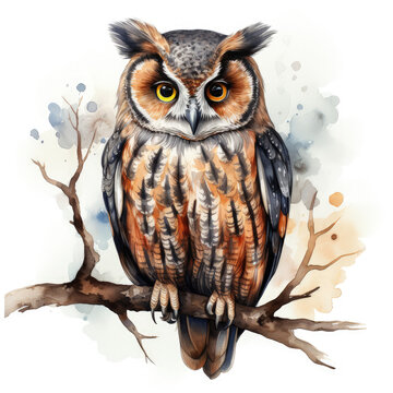 Watercolor Barred Owl Illustration, Generative Ai