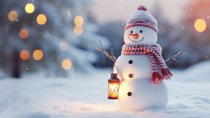 Snowman in winter landscape, invintation, website
