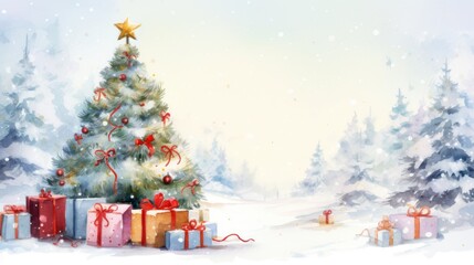 Christmas tree in winter landscape, invintation, website