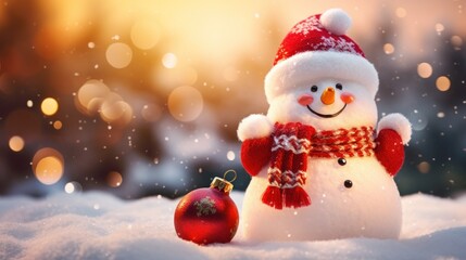 Snowman in winter landscape, invintation, website