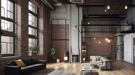 An industrial loft apartment with exposed brick walls and panoramic large glass windows - Generative AI