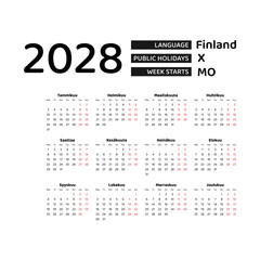Calendar 2028 Finnish language with Finland public holidays. Week starts from Monday. Graphic design vector illustration.