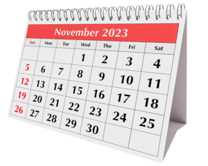 Page of the annual business desk monthly calendar isolated. Date - month November 2023. png transparent