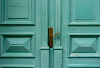 old green wooden door with handle