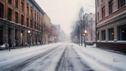 Winter, Snowy street in the city town. Winter slippery empty road