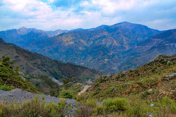 Fototapeta na wymiar Spring mountain landscape of Sirmour, upland villages. Himachal Pradesh, India