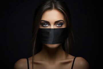 An image of a young woman with adhesive tape covering her mouth, symbolizing issues related to gender discrimination