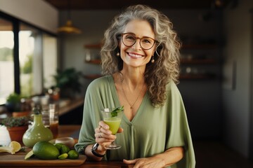 A cheerful elderly woman grinning as she holds a glass of fresh green juice.