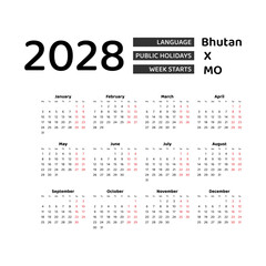 Calendar 2028 English language with Bhutan public holidays. Week starts from Monday. Graphic design vector illustration.