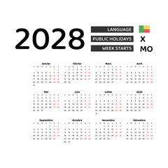 Calendar 2028 French language with Benin public holidays. Week starts from Monday. Graphic design vector illustration.