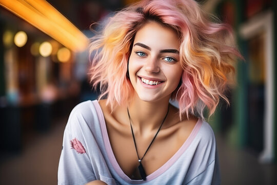 A portrait of a hipster girl with pink hair in a bright and colorful t-shirt.