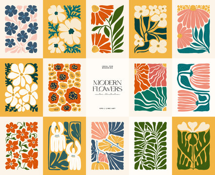 Floral abstract elements. Botanical composition. Modern trendy Matisse minimal style. Floral poster, invite. Vector arrangements for greeting card or invitation design