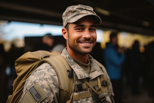 A joyful young soldier coming back home after serving in the army. - Powered by Adobe