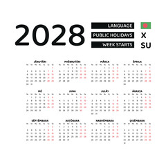 Calendar 2028 Bangla language with Bangladesh public holidays. Week starts from Sunday. Graphic design vector illustration.