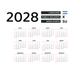 Calendar 2028 Spanish language with Nicaragua public holidays. Week starts from Sunday. Graphic design vector illustration.