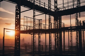Construction site and sunset structural steel beam build large residential buildings