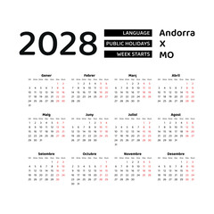 Calendar 2028 Catalan language with Andorra public holidays. Week starts from Monday. Graphic design vector illustration.