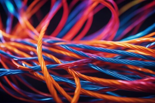 Colored electric cables and led optical fiber intense colors background for technology image