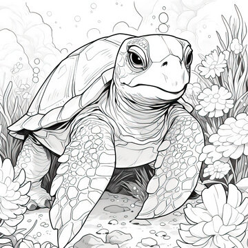 Black and white illustration for coloring animals, turtle.