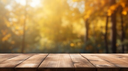 Naklejka na ściany i meble Empty rustic wooden table for product display with blur background of autumn forest. Generative AI