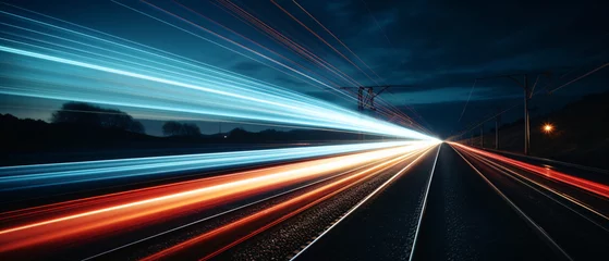 Foto op Plexiglas Laser beams luminous abstract sparkling isolated on a transparent background. Trails of light left by acceleration speed motion on night road. Light moving fast train over darkness. Generative ai © Mickael