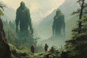 Gargantuan giants roaming the mountains - Generative AI - obrazy, fototapety, plakaty