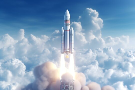 Rocket on pad against sky. Generative AI