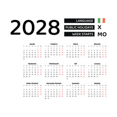 Calendar 2028 Irish language with Ireland public holidays. Week starts from Monday. Graphic design vector illustration.