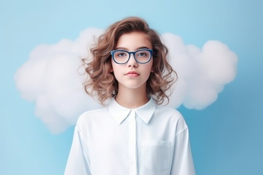 a girl in a blue dress with glasses and a blue background plus clouds geneerative ai