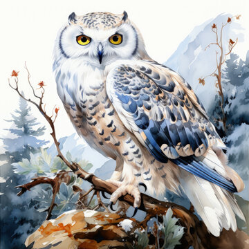 Watercolor Snowy Owl Illustration, Generative Ai