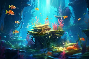 An enchanting underwater scene with vividly glowing fish in a mystical reef. Generative AI