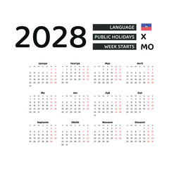 Calendar 2028 Haitian Creole language with Haiti public holidays. Week starts from Monday. Graphic design vector illustration.