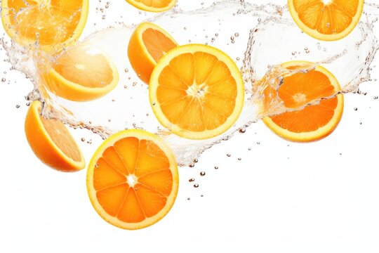 Bright orange half floating in water. Closeup view of juicy citrus fruit. Refreshing and healthy summer snack. Vitamin C rich orange for healthy diet.