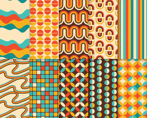 Set of colorful geometric and floral Vector Seamless Pattern. Retro 70s Style Nostaglic Fashion Textile. Summer Resort Prints. Vector trendy backgrounds in 70s style. Abstract modern geometric.