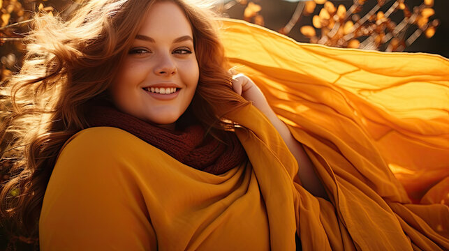 A plus-size model photographed in front of an autumn landscape with brown leaves on the tree