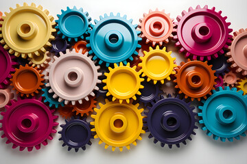 Plastic gears interlocked together, symbolizing teamwork, coordination, and synergy within a group or organization.