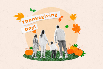 Collage picture image of happy cute family walking together picking harvest thanksgiving day...
