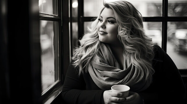 A plus-size model photographed in her favorite caf&eacute;, enjoying her coffee with a smile