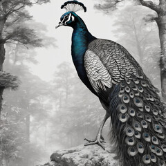 ink illustration of peacock in the wild