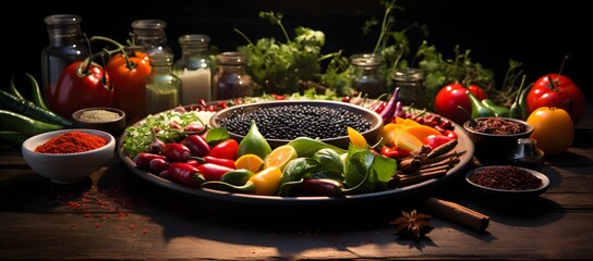 Colorful vegetables arranged on a table alongside a variety of spices, creating a vibrant and flavorful culinary display.