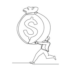 Continuous single line sketch drawing art of business man with big money bag. Vector illustration one line of bank savings dollar money