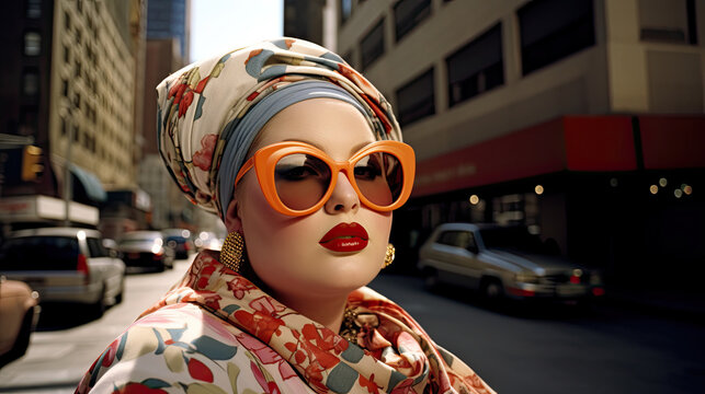 A plus-size model with a certain self-confidence in the city, wearing her colorful dress