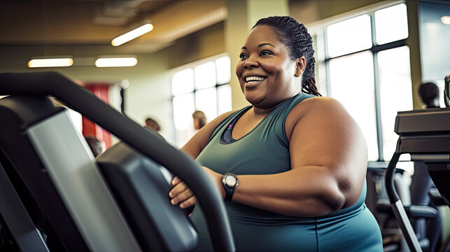 A plus-size model enthusiastically doing her endurance exercises at the fitness center