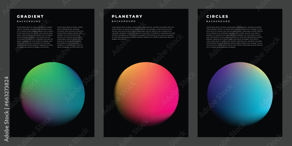 Wall mural Colorful circle gradient mesh poster or banner design set. Planetary and space themed background template. Vibrant rounded ornament on dark backdrop. Sphere gradient bundle.