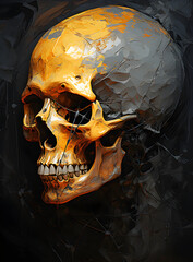 An illustration of a human skull, lavishly coated with gold paint, juxtaposed against deep shades of black. This piece serves as a contemporary art representation of death.