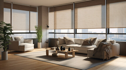 The room features roller blinds as part of the interior
